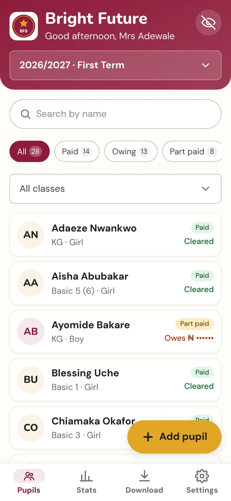 Amounts hidden on the pupils list