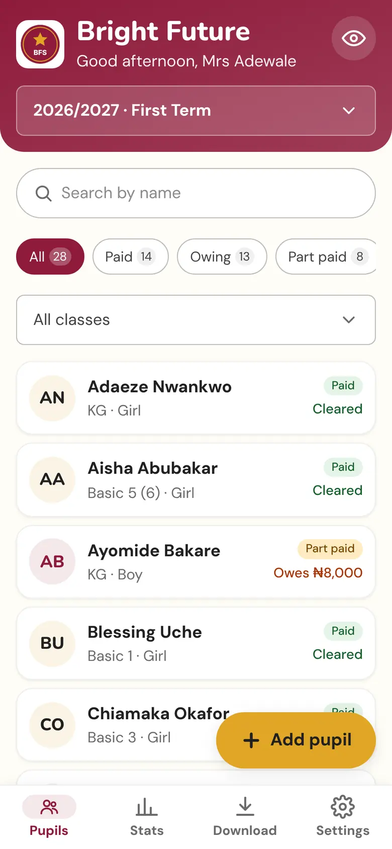 Termbook pupils list showing paid, part paid and owing tags