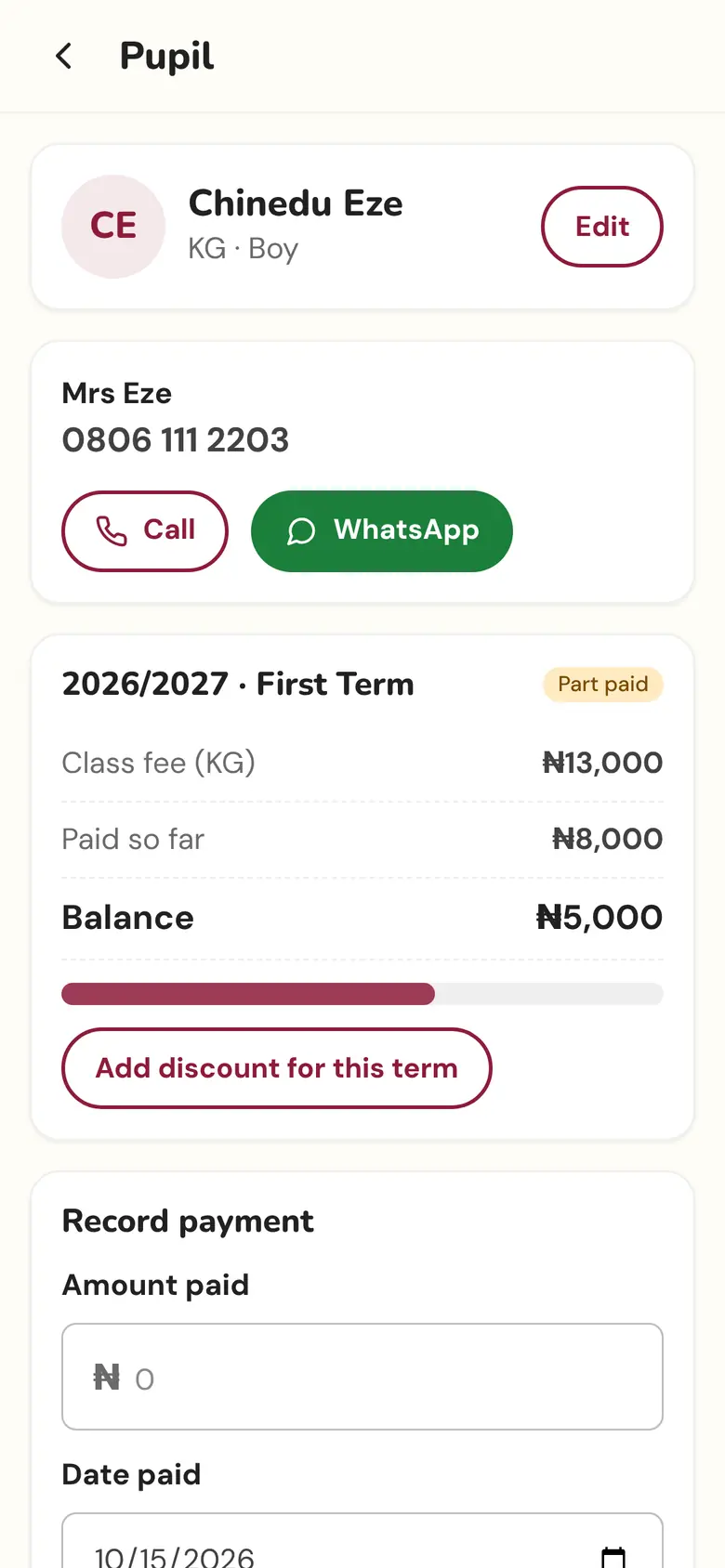 Pupil page showing a part payment